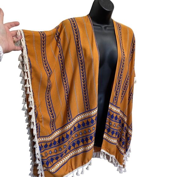 Ardene Bohemian Geometric Print Kimono Tassel Fringe Orange One Size - Picture 4 of 7